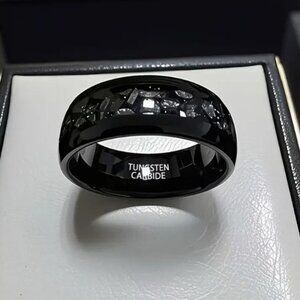 Men's 8mm Gunmetal Black Tungsten Ring with Synthetic Meteorite Inlay Modern